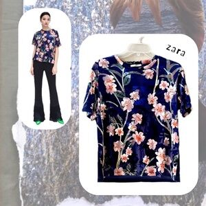 🆕 Zara • blue & pink floral print velvet short sleeve blouse top